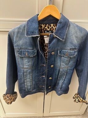 Dolce & Gabbana Blue Denim Jacket with Leopard-Print Trim